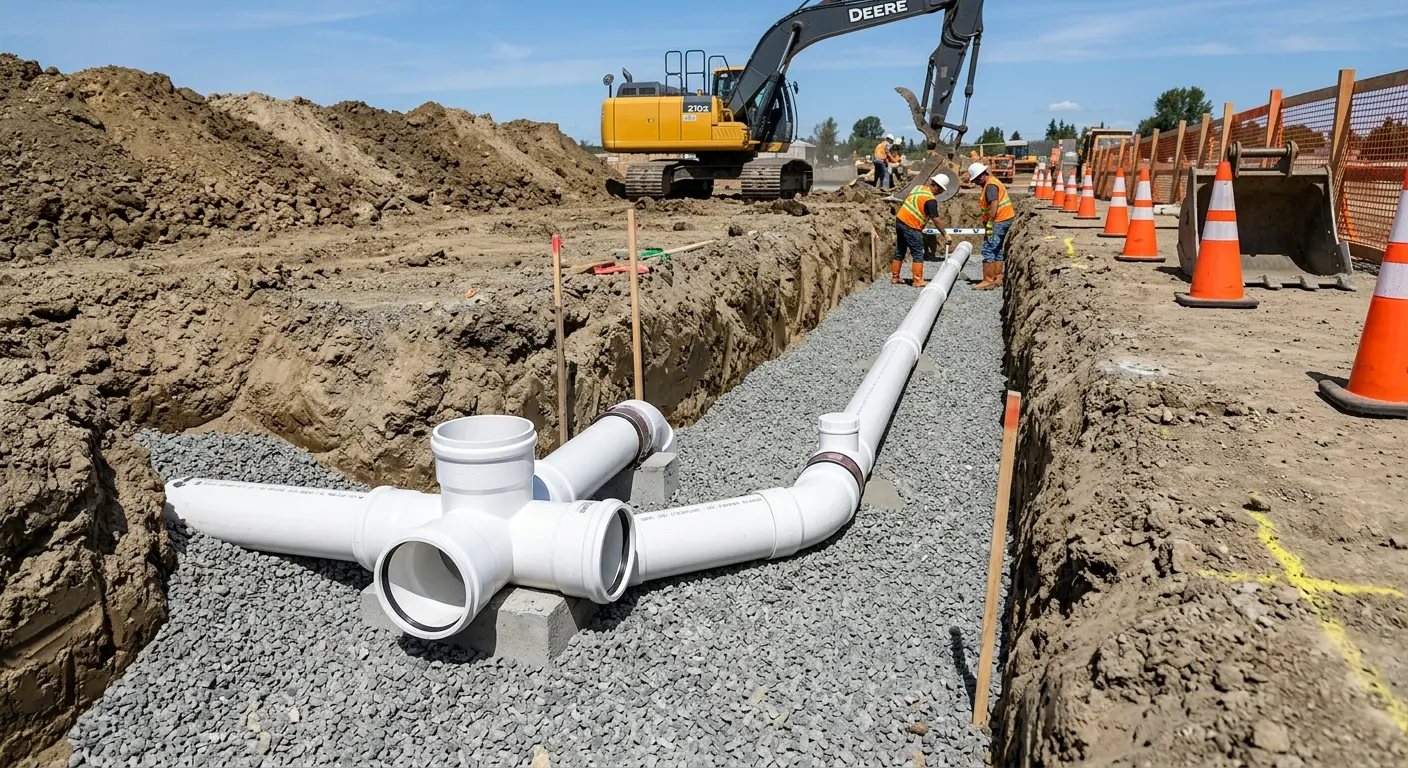 New PVC sewer pipe installation in open trench for Sewer Backup in Camino Tassajara