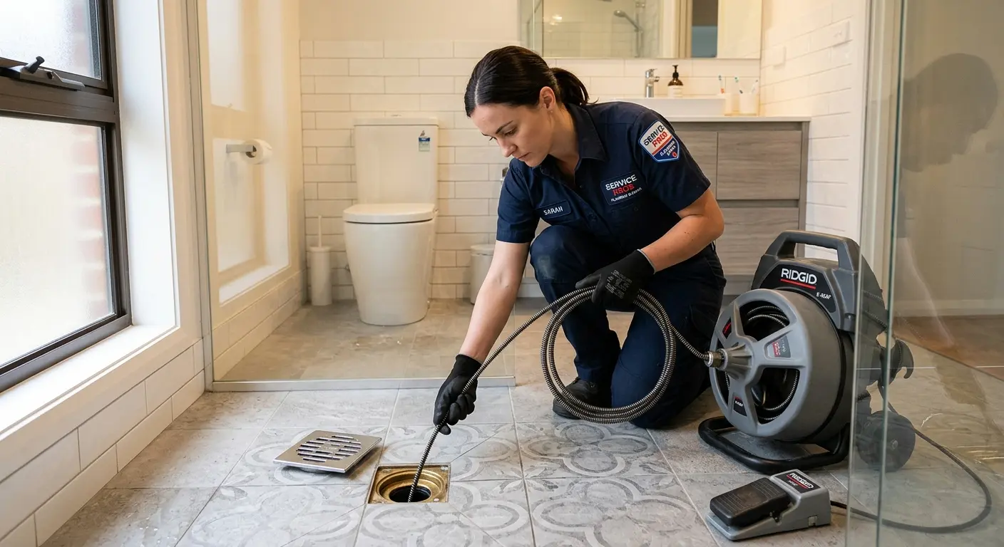 Technician clearing a bathroom floor drain for Drain Cleaning in Camino Tassajara